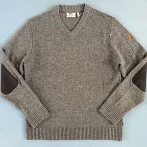 Fjallraven Ovik V-Neck Wool Gray Elbow Patch Mens Sweater